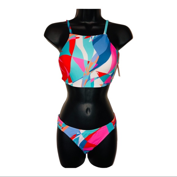 Abstract colorblock 2piece geometric print halter bikini set size XS new - Picture 5 of 14